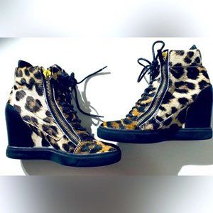Giuseppe Zanotti Leopard Animal Print Calf Hair Wedge Sneaker Boots Sz 41